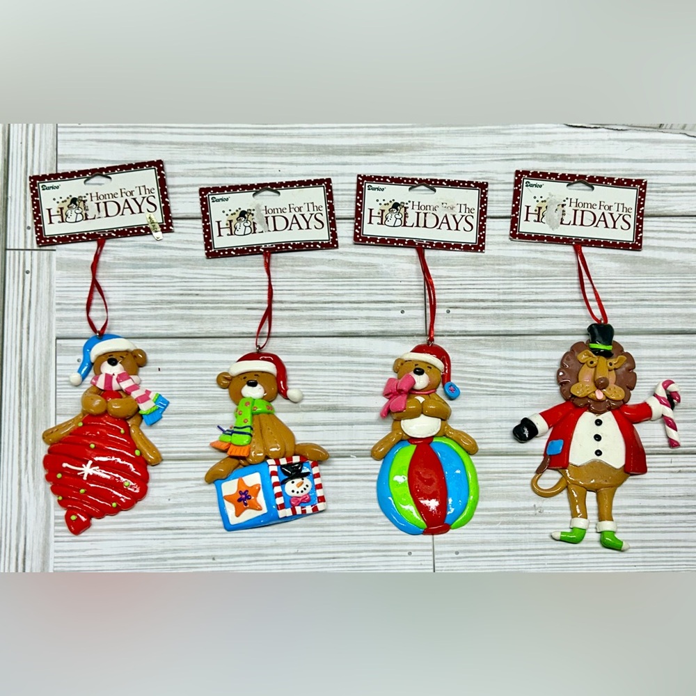 Vintage Darice Polymer Clay Christmas Tree Ornaments Teddy Bear Lion Lot of 4